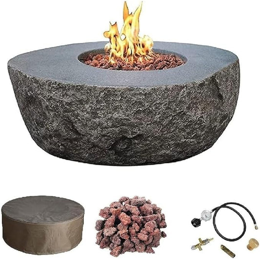 Elementi | Boulder Gas Fire Pit Cast Concrete Semi-Round Fire Table, Outdoor Fire Pit Electronic Ignition | Canvas Cover, Lava Rock Included | Propane Gas
