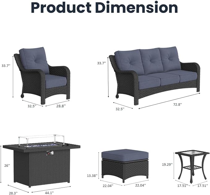 7 Pieces Outdoor Patio Furniture Sets with Single Chairs with 6-inch Thick Cushion and Fire Pit Table for Deck Lawn