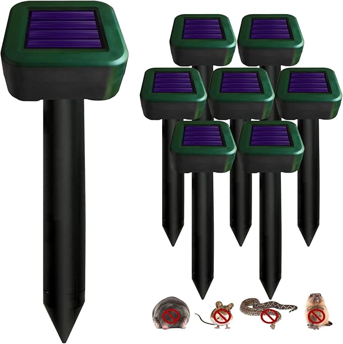 8 Pack Solar Mole Repellent, Outdoor Sonic Mole Spikes, Waterproof Deterrent Ultrasonic Animal Repellant Stakes to Get Gopher Snake Vole Possum Groundhog Rid of in Yard, Safe for Human and Pets