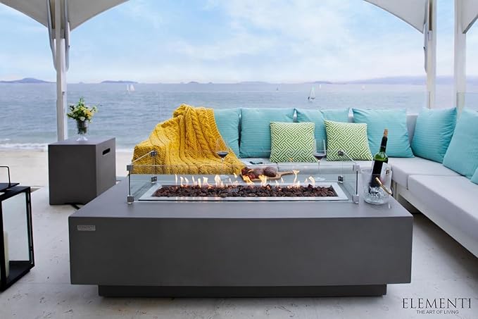 Elementi Granville Gas Fire Pit Bundle Concrete Fire Table, Outdoor Fire Pit Electronic Ignition | Canvas Cover, Lava Rock Included | Free AMS Wind Guard | Light Gray (Propane Gas)