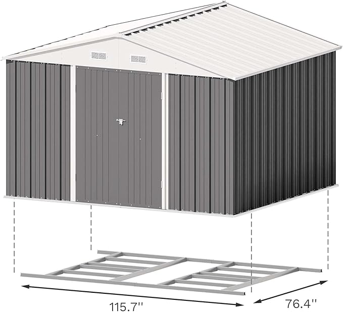 Patiowell 10 x 8 FT Outdoor Storage Shed with Floor Frame, Large Garden Tool Metal Shed with Sloping Roof and Double Lockable Door for Backyard Garden Patio Lawn,Grey