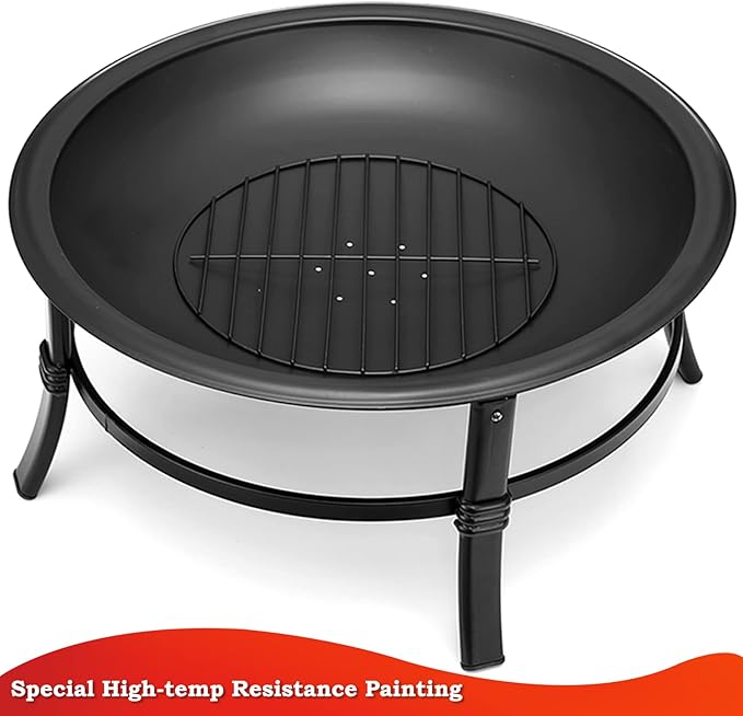 SINGLYFIRE 26 Inch Fire Pit for Outside Outdoor Wood Burning Firepit Bowl Heavy Duty Bonfire Pit Steel Firepit for Patio Backyard Camping Deck Picnic Porch with Spark Screen,Log Grate,Poker
