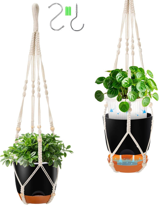 2-Pack Self-Watering Hanging Planters for Indoor & Outdoor Plants,34-Inch macrame hanger plant pots indoor with drainage,5.7-Inch Small Hanging Planters & Baskets in Black,With two sets of hooks