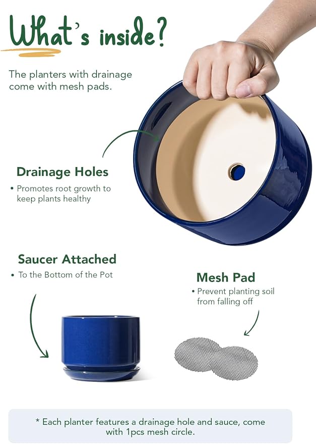 LE TAUCI Ceramic Plant Pots, 4.3+5.3+6.8 inch, Set of 3, Planters with Drainage Hole and Saucer, Indoor Flower Pot with Hole Mesh Pad, Gifts for Mom, Sapphire Blue