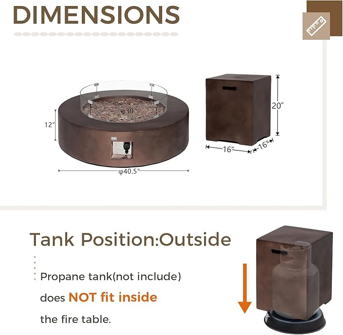 SUNBURY Outdoor Propane Fire Pit,CSA Certified,Dark Brown Patio Fire Table 50000 BTU w 20 Gallon Tank Cover, Glass Wind Guard, Waterproof Cover