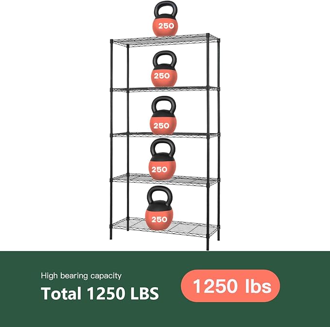 14" D×36" W×72" H Wire Shelving Unit Commercial Metal Shelf with 5 Tier Adjustable Layer Rack Strong Steel for Restaurant Garage Pantry Kitchen Garage，Black