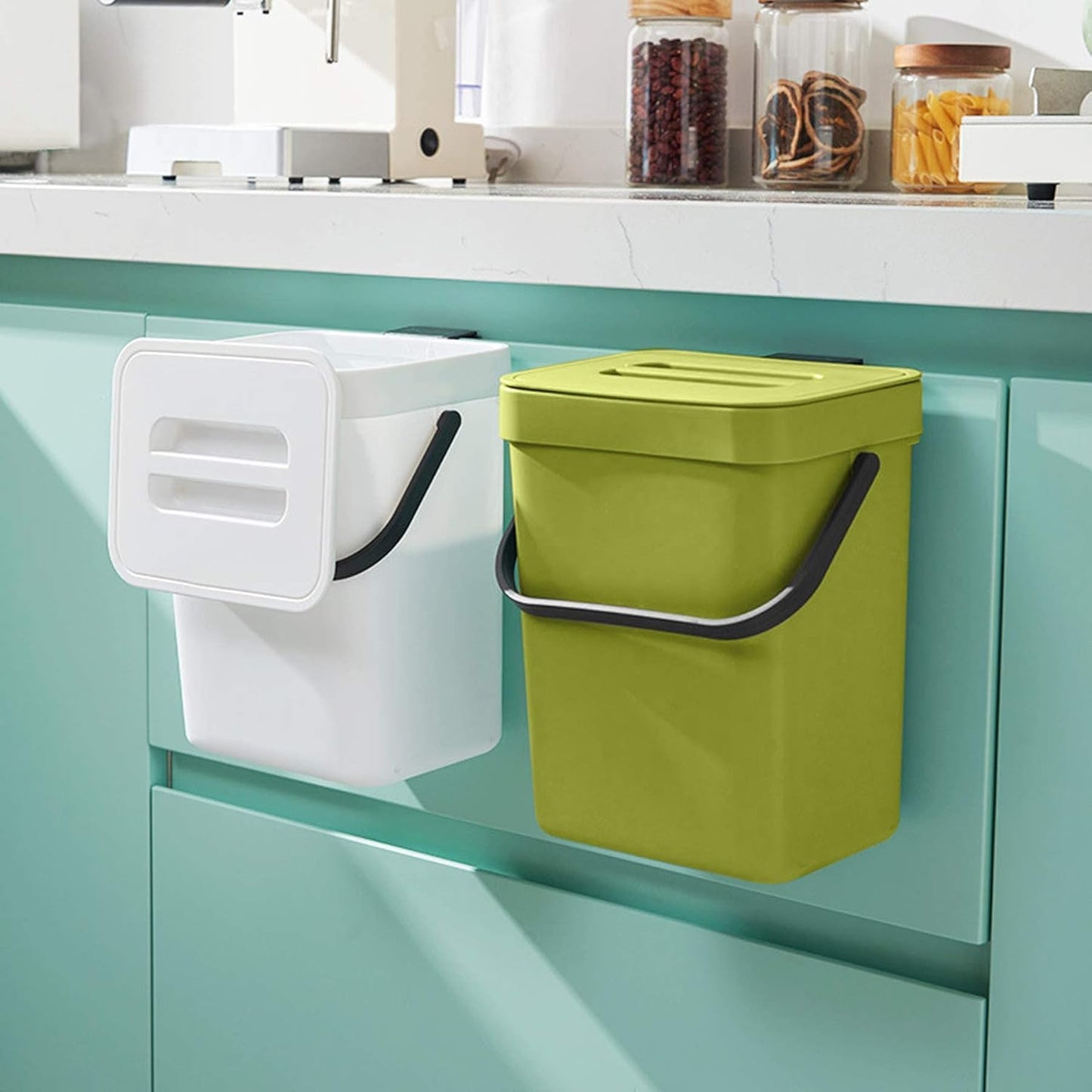 Domiella 2 Pack 1.3 + 0.8Gal Hanging Small Trash Can with Lid, Kitchen Compost Bin for Counter Top Under Sink, Sealed Food Waste Bin, Mountable Indoor Compost Bucket for Cupboard/Bathroom (White)