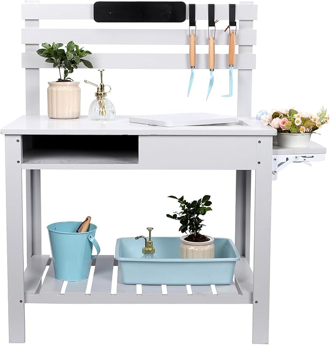 Kids Potting Bench Table Outdoor Garden Table Wooden Work Station Outdoor Garden Work Bench Platform with 3 Side Hook Shelf Natural Wood White Grey Gift for Boys Girls