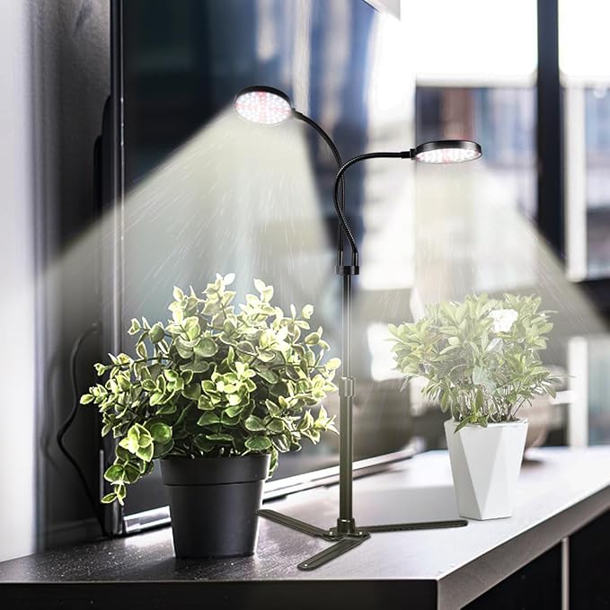 Grow Light 4.7'' LED Dual Ring,80W 6000K Full Spectrum Gooseneck Lamp for Indoor Plants Growing with Timer 4/8/12/18Hrs,Dimmable & Height Extendable 9-16''