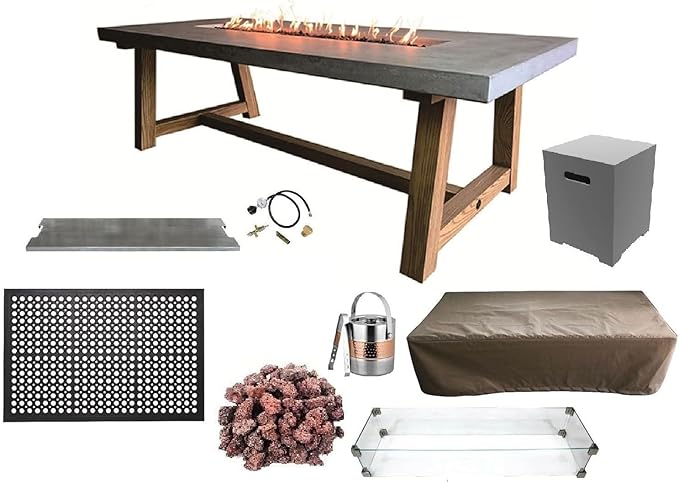 Elementi | Bundle Sonoma Gas Fire Pit Cast Concrete Rectangular Dining Fire Table, Outdoor Fire Pit Electronic Ignition | Canvas Cover, Lava Rock Included | Propane Gas