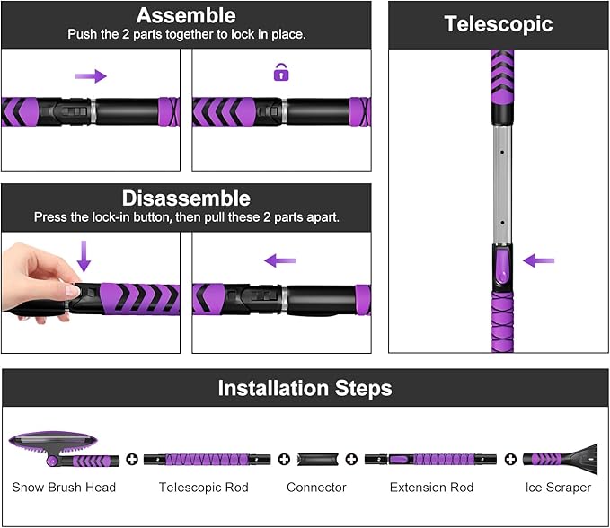Nuovoware 60" Ice Scraper and Extendable Snow Brush for Car Windshield, 5 in 1 Adjustable Snow Removal Tools with 270° Pivoting Brush Head for Car Auto Truck SUV, Purple