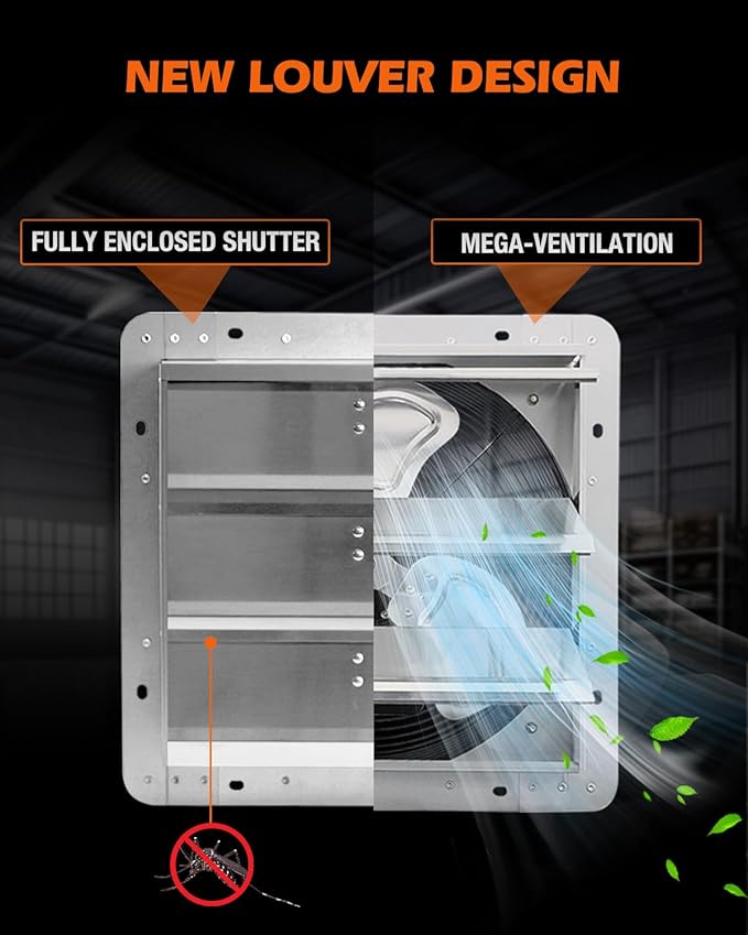 JVO 14" Shutter Exhaust Fan - 1520 CFM, Wall-Mounted for Greenhouses, Attics, Garages & Chicken Coops. Ideal Attic Fan, Greenhouse Vent & Coop Exhaust for Powerful Ventilation & Cooling