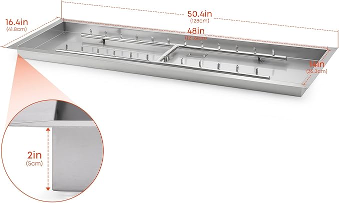 Stanbroil 48 x 14 Inch Upgrade Rectangle Fire Pit Jet Burner Pan, 304 SS Propane Gas Firepit for Outside DIY Fire Pit Table, High Flame, BTU 185,000 Max