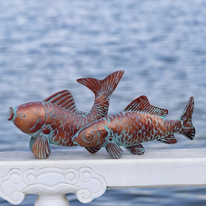 G/N Set of 2 Koi Fish Decor Outdoor Statue Sculpture Garden Pond Fishes Yard Art Antique Copper Koi Sculptures & Statues Large Metal Koi Fish Figurine Ornaments Décor Gifts for Women Mom Grandma