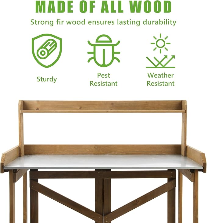 Folding Garden Potting Bench Table，Outdoor Wooden Work Station W/Metal Table Top,2 Tier Open Storage Rack,Top Shelf-Natural Stained