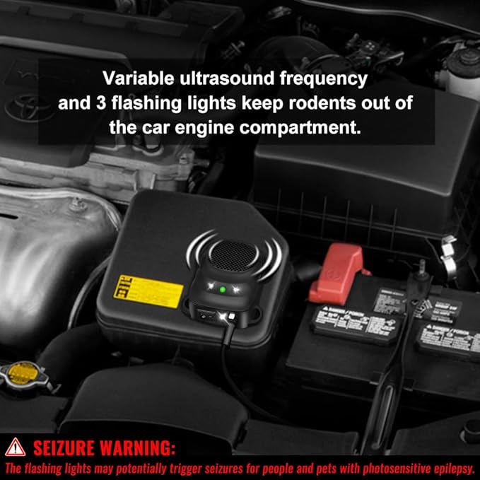 Car Rodent Repellent Ultrasonic Under Hood Animal Repeller Mouse and Rat Deterrent with LED Strobe – Engine Bay Pest Control Device for 12V 24V Vehicle, Automobile, Truck, RV