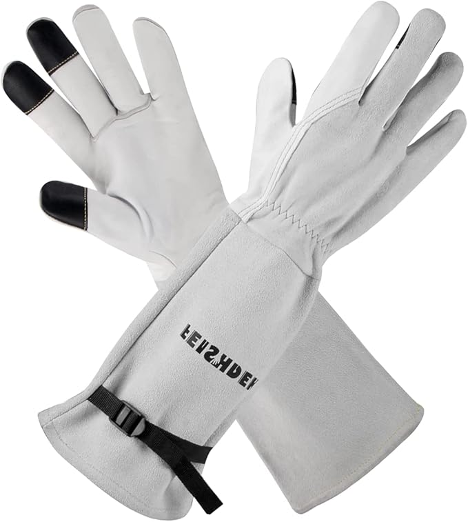 Garden Gloves Women/Men Thorn Proof, Deerskin Suede, 2 Layers Leather Rose Pruning Long Gardening Gloves for Cactus
