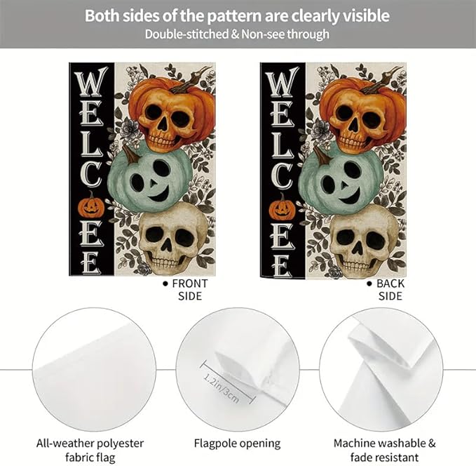 Halloween Garden Flag 12x18 Inch Double Sided, Skull Pumpkin Welcome Yard flag, Spooky Outdoor Party Decoration for Porch, Patio, Lawn, Garden, Indoor & Outdoor Halloween Décor