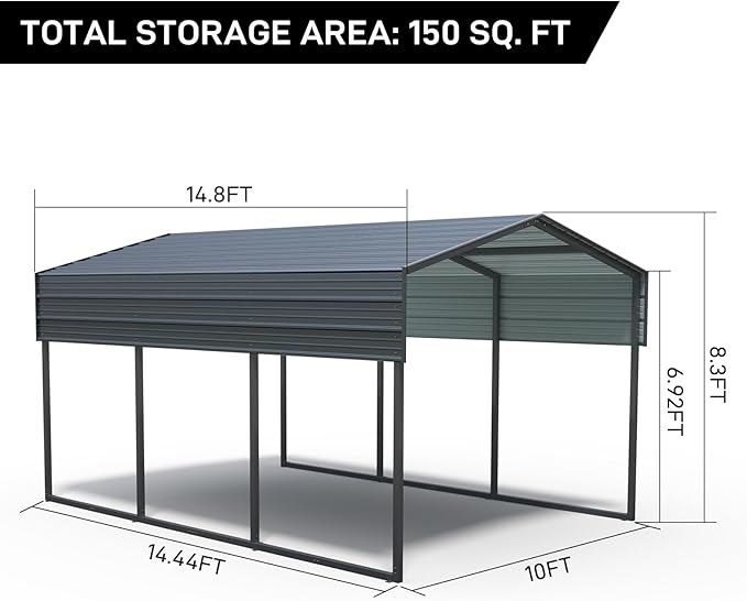 Outvita Heavy Duty Metal Carport, 10x15FT, Gray, Vehicle Protection, Outdoor Gatherings