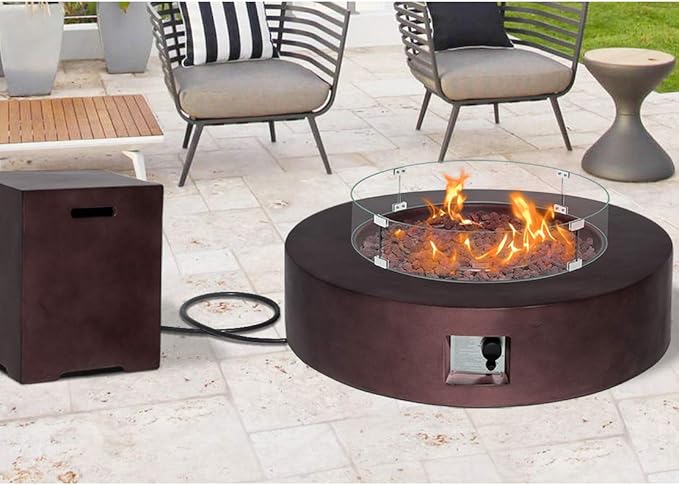 SUNBURY Outdoor Propane Fire Pit,CSA Certified,Dark Brown Patio Fire Table 50000 BTU w 20 Gallon Tank Cover, Glass Wind Guard, Waterproof Cover