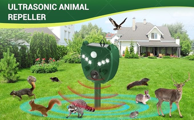 Solar Motion Sensored Animal Repellent, Motion Sensor Sound Flashing Light, Repel Rabbit, Deer, Squirrers, Birds, Fox, Raccoon, Skunk, Coyote for Yard, Outdoors