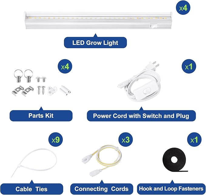 Grow Lights for Indoor Plants, 5000K White Full Spectrum LED Growing Lamp, 1FT T5 Plant Growing Light Strips for Greenhouse Seed Starting, Vegetables, Plug and Use, 4-Pack