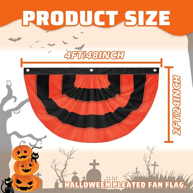 4Pack Halloween Bunting Flags 2x4ft Fully Sewn Orange & Black 5 Stripe Pleated Half Fan Flag Banner Trick or Treat Happy Halloween Party Decor Outside Porch Yard Garden Indoor Wall