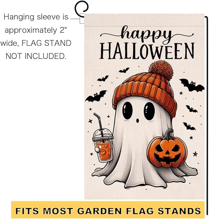 BLKWHT Halloween Ghost Garden Flag 12x18 Vertical Double Sided Black Bat Happy Fall Holiday Outside Decorations Burlap Yard Flag BW836