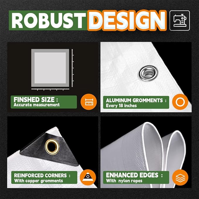 RAINDEWAY 12 Mil Heavy Duty White Tarp 10x12 Feet, UV Resistant, Waterproof, Weatherproof Poly Tarp with Metal Grommets and Reinforced Edges