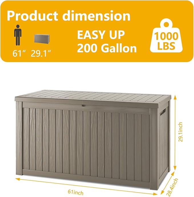 200 Gallon Deck Box, Resin Outdoor Indoor Waterproof Storage Box, Lockable Storage Box With Handle for Patio Furniture - Garden Tools - Brown