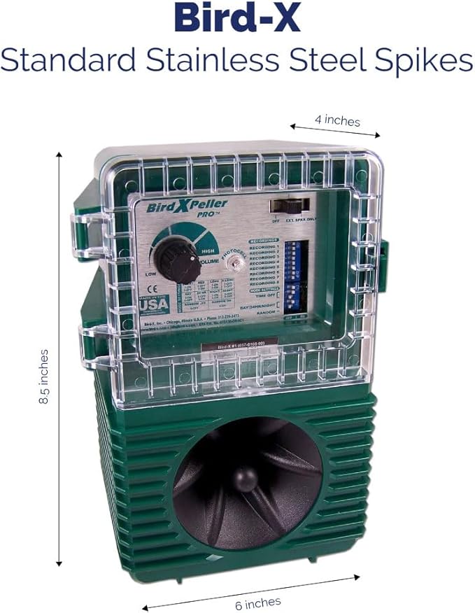 Bird-X Woodpecker PRO Electronic Bird Preventer, Sonic Decoy Device, Perfect for Woodpeckers and Sparrows, Covers up to 1 Acre, 3-5 kHz Frequency, 6" x 8.5" x 4"