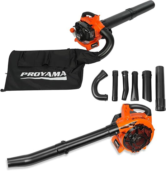 PROYAMA Gas Powered Leaf Blower, 3-in-1 26cc 2-Cycle Handheld Leaf Blower & Leaf Vacuum Mulcher, 412 CFM 200 MPH Cordless Blower with 10 Gallon Collection Bag for Lawn Yard Blowing Snow Dust Debris