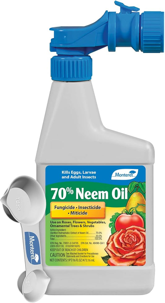 Monterey 70% Neem Oil Fungicide/Insecticide/Miticide Bundled with Measuring Spoon – Controls Powdery Mildew, Black Spot, Rust, Spider Mites, Aphids, and More – 16oz RTS