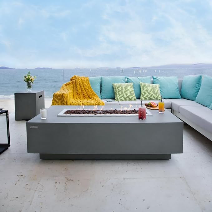 Granville Concrete Fire Pit 60" x 27" Outdoor Patio Firepit Includes Lava Rocks Modern Fire Pits & Outdoor Fireplaces for Garden, Deck, Indoor & Outdoor Heating