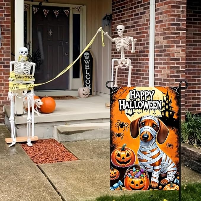 Halloween Trick or Treat Garden Flag,Halloween Garden Flag with Mummy Dachshund and Pumpkins,halloween garden flags for outside, 12x18 Inch Festive Yard Decoration