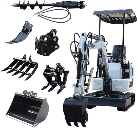 Mini Excavator for 1 Ton B&S Engine with Hydraulic Thumb Clamp,Standard Bucket,Broken Hammer,Ripper, Mud Bucket, Rake, Auger, Quick Change Attachments (W 6 attachments)