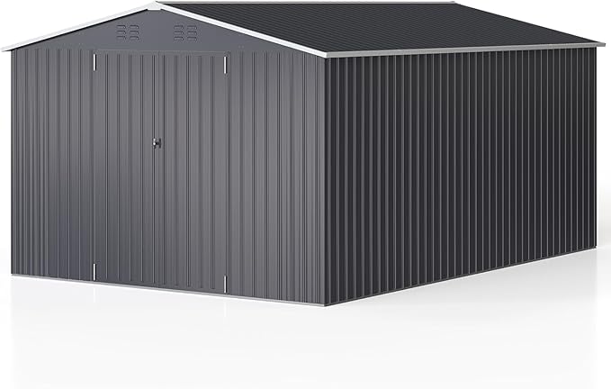 WKM 10x14 FT Outdoor Storage Shed, Utility Metal Tool Storage with Lockable Doors and Updated Frame Structure, Metal Garden Shed for Backyard, Patio Lawn, Black