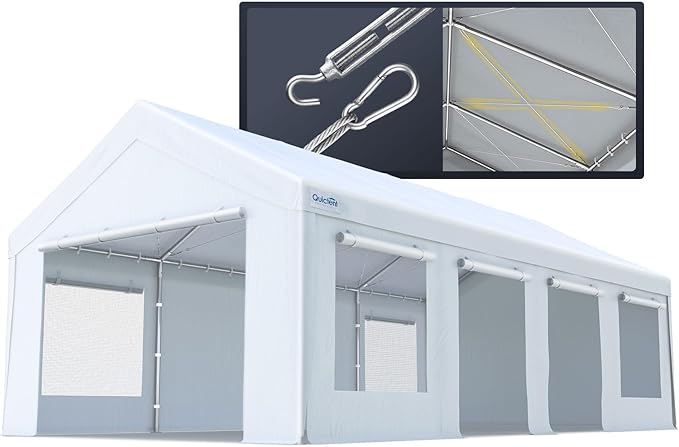 Quictent Heavy Duty 13x25 ft Carports with Side Zipper Doors & Snowproof Steel Cables & Ventilated Windows, Waterproof Storage Shelter for Car, Boat, RV, Outdoor Equipment, White