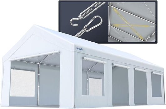 Quictent Heavy Duty 13x25 ft Carports with Side Zipper Doors & Snowproof Steel Cables & Ventilated Windows, Waterproof Storage Shelter for Car, Boat, RV, Outdoor Equipment, White