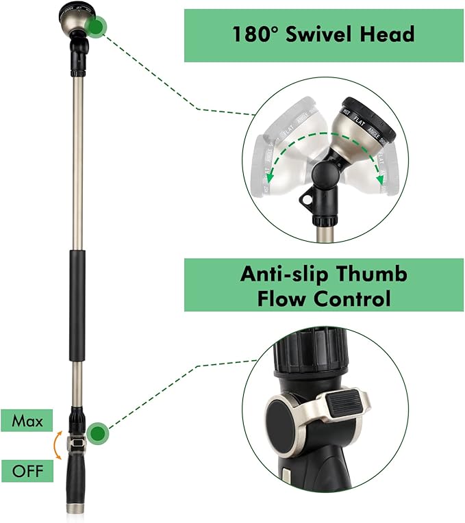 RESTMO 36” Long Watering Wand, Metal Garden Hose Wand with 180° Swivel Head and 10 Spray Patterns, 3ft Heavy Duty Hose Nozzle Sprayer with Thumb Flow Control, Ideal to Water Hanging Baskets, Shrubs