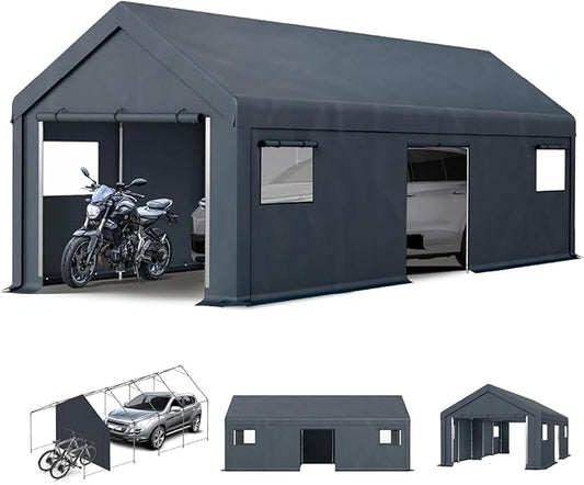 MFSTUDIO Outdoor Carport 13x24 ft, Portable Storage Sheds Shelter Garages Heavy Duty Canopy with Rolled up Zipper Doors and Sidewalls, Outside Utility Shed Garage Car Tent for Boat Truck and Tools
