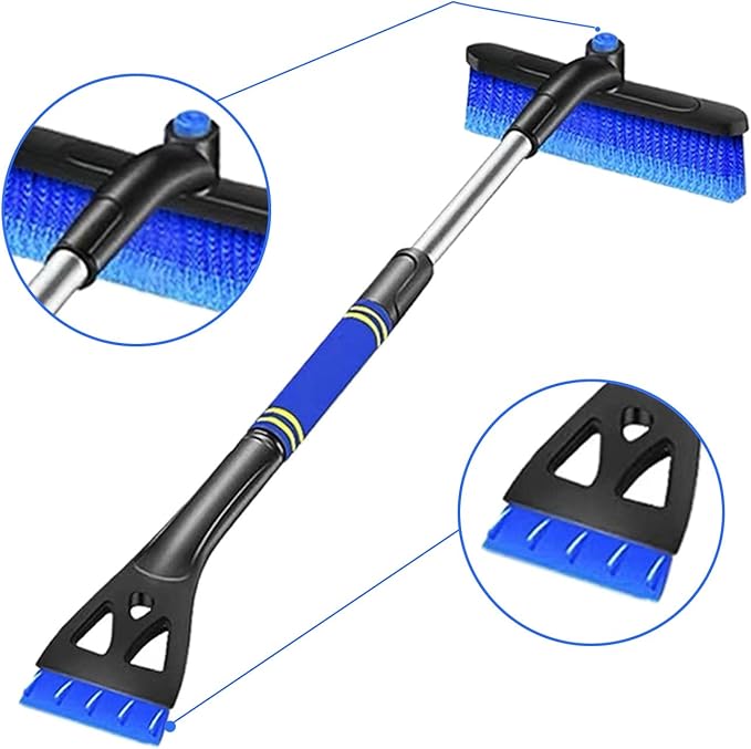 Snow Brush and Ice Scraper for Car - 360° Rotatable Head, Extendable Foldable Handle, Blue Soft Bristles Protect Paint (Cars, Trucks, SUVs)