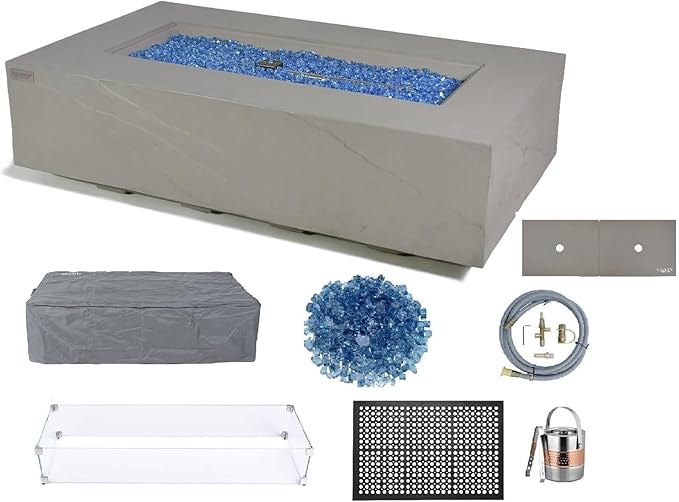 Elementi+ | Bundle Meteora Gas Fire Pit Cast Concrete 56" Rectangular Fire Table, Outdoor Fire Pit Electronic Ignition | Canvas Cover, Fire Glass and Burner Lid Included | Light Gray | Natural Gas