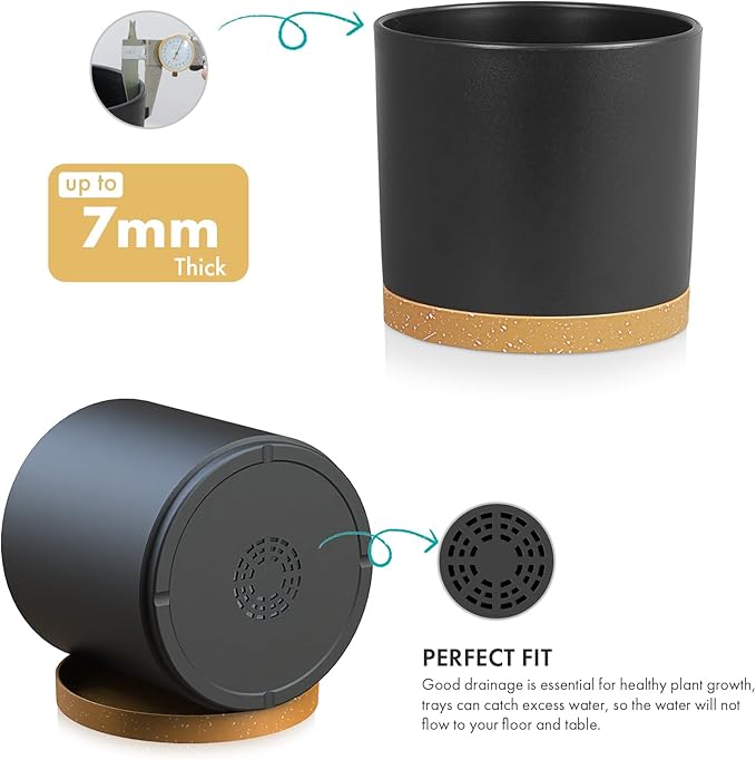 10 Inch Large Deep Plant Pots for Indoor Outdoor, Tall Cylinder Flower Pots with Drainage Holes & Saucer, Big Plastic Planter Pots for Garden House Plants, Black with Brown
