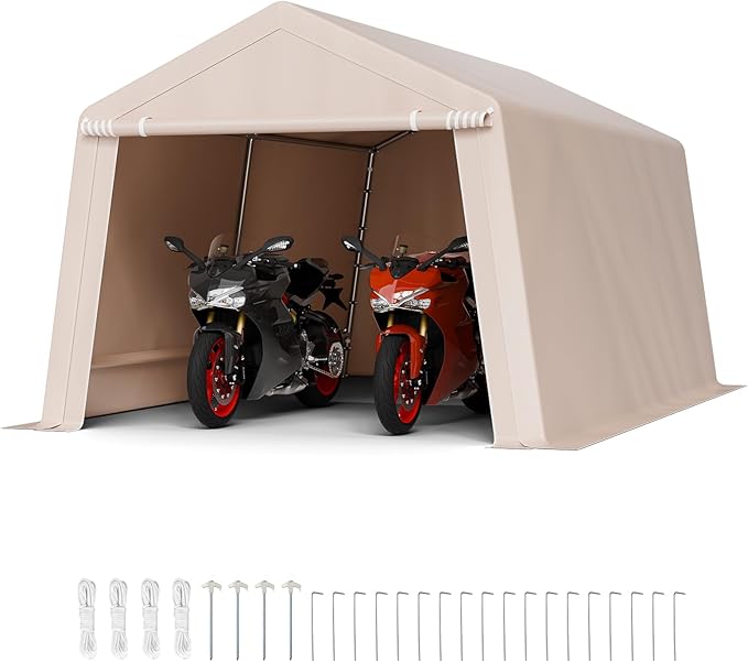 VEVOR Outdoor Storage Shed, 10 x 15 ft Portable Storage Tent with Roll-up Door & Vents, Waterproof Canopy Shed Shelter, Heavy Duty Frame, Patio Garage Carport for Motorcycle, Lawn Mower, Bike, Beige