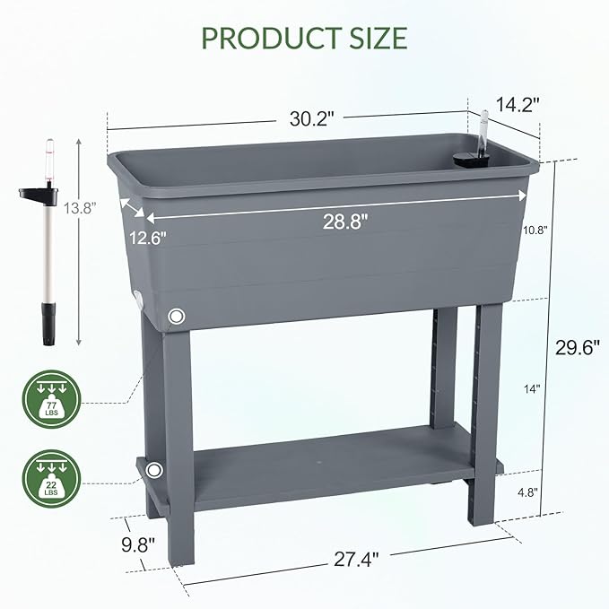 Aoodor 30'' × 14'' × 29'' Elevated Raised Planter Box with Legs, Storage Space, Plastic Drainage Plug & Water Level Indicator for Vegetables Flowers Herbs Outdoor, Gray, Set of 3