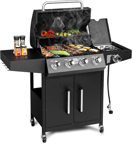 Bonnlo 4 Burner Propane Grills with Side Burner and Porcelain-Enameled Grates, 58000BTU Gas Grill with Side Shelf and Portable Rolling Wheels, Grill for Outdoor Cooking BBQ Patio Backyard