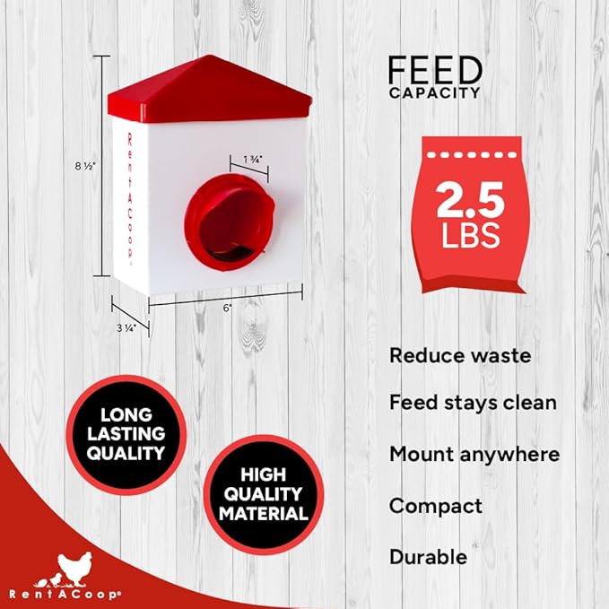 RentACoop Chick2Chicken 2.5lb BPA-Free Single-Port Feeder - Includes Anti-Roost Lid, Slider Port Cover, and Wire Bracket - Suitable for Quail, Pigeons, Doves, Chicks, and Adult Chickens