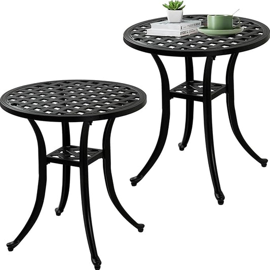 Outdoor 19" Pack of 2 Cast Aluminum Round Side Table End Table for Patio, Backyard, Pool, Indoor Companion, Easy Maintenance and Weather Resistant, Black