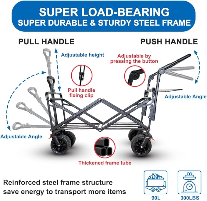 SKYMANOR Collapsible Wagon with Removable Canopy, 3-in-1 Heavy Duty Garden Cart with Big All-Terrain Wheels, Brakes, Adjustable Push Pull Handle, Cooler Bag, 300LBS Wagon Cart for Camping (Black)